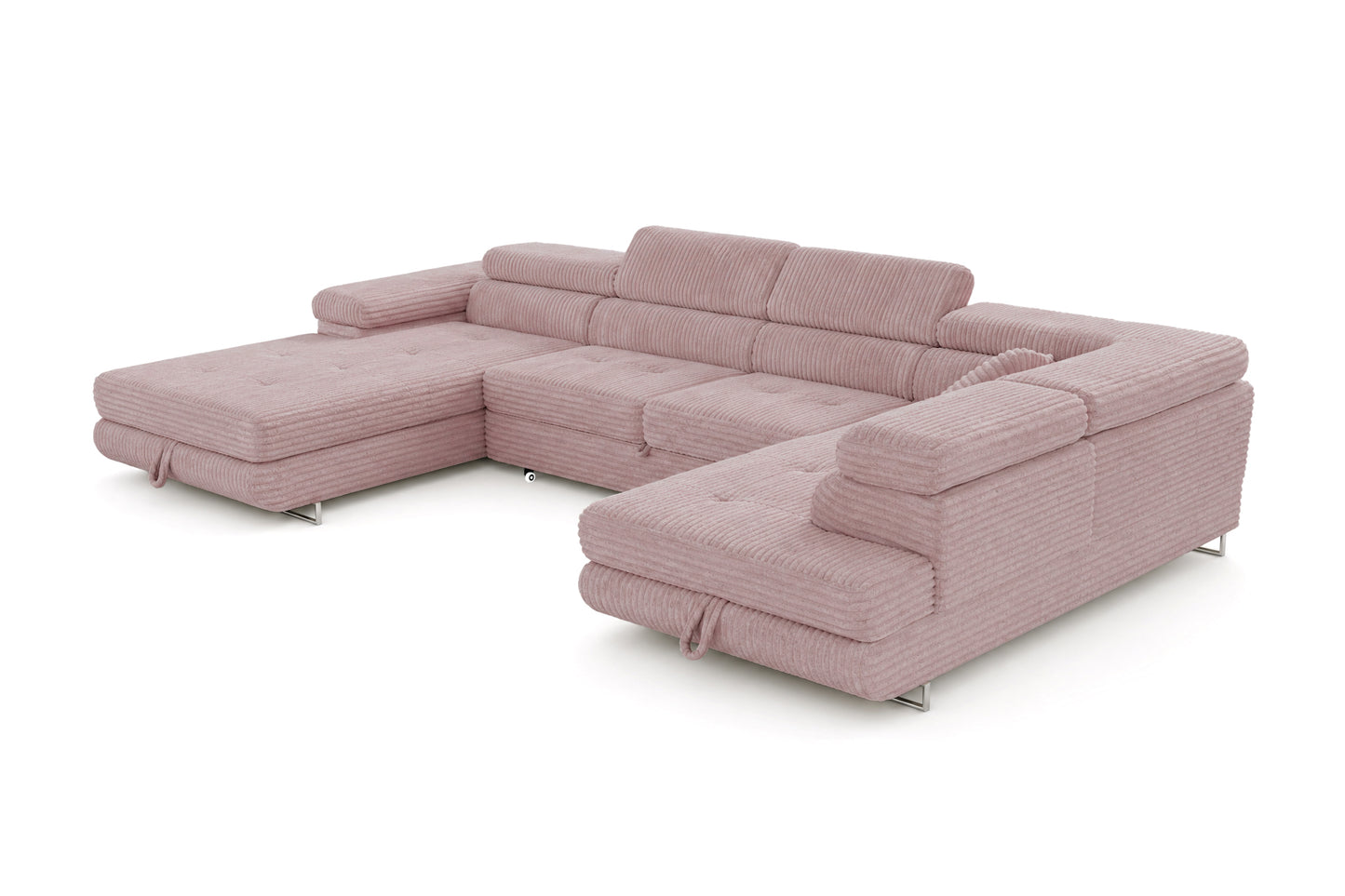 Wohnlandschaft Cordo U XXL U-Form Sofa mit Schlaffunktion & 2 Bettkästen – Breitcord Tilia Altrosa– Ottomane Rechts