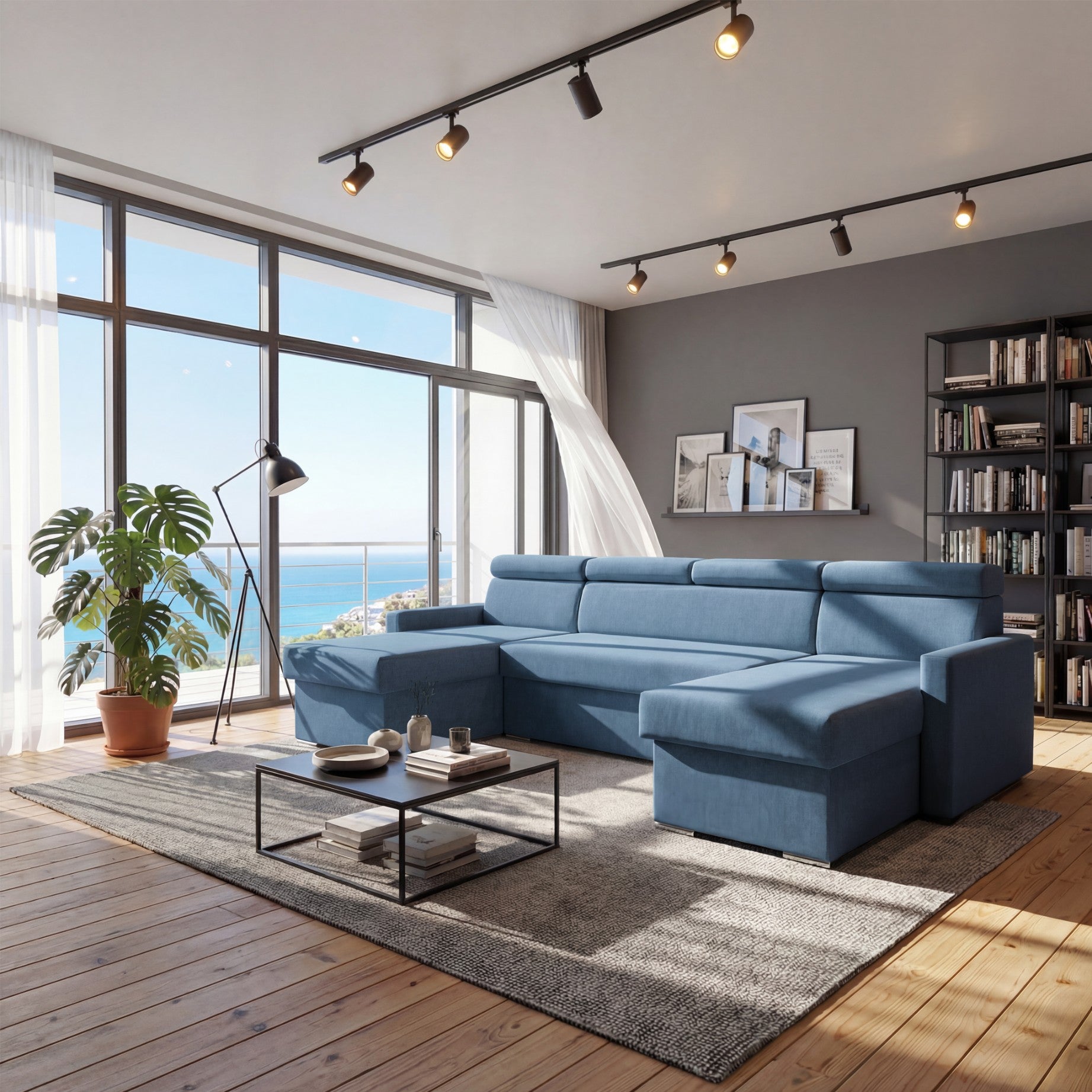 Vega U Ecksofa nach Maß | Breite anpassbar | Schlaffunktion 2 Bettkästen U-Form verstellbare Kopfstützen Samtstoff Best 305x151 cm (Blau)