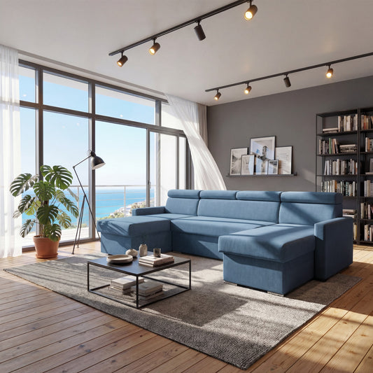 Vega U Ecksofa nach Maß | Breite anpassbar | Schlaffunktion 2 Bettkästen U-Form verstellbare Kopfstützen Samtstoff Best 305x151 cm (Blau)