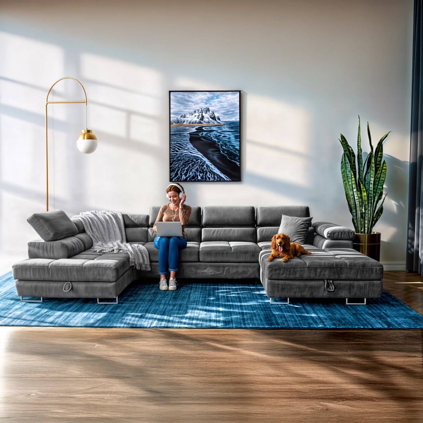 Sofiland Aller XXL U-Form Ecksofa links mit Schlaffunktion, Couchgarnitur mit 2 Bettkästen, Wohnzimmersofa Hellgrau MONOLITH 84, Sofa, Bettsofa, Couch