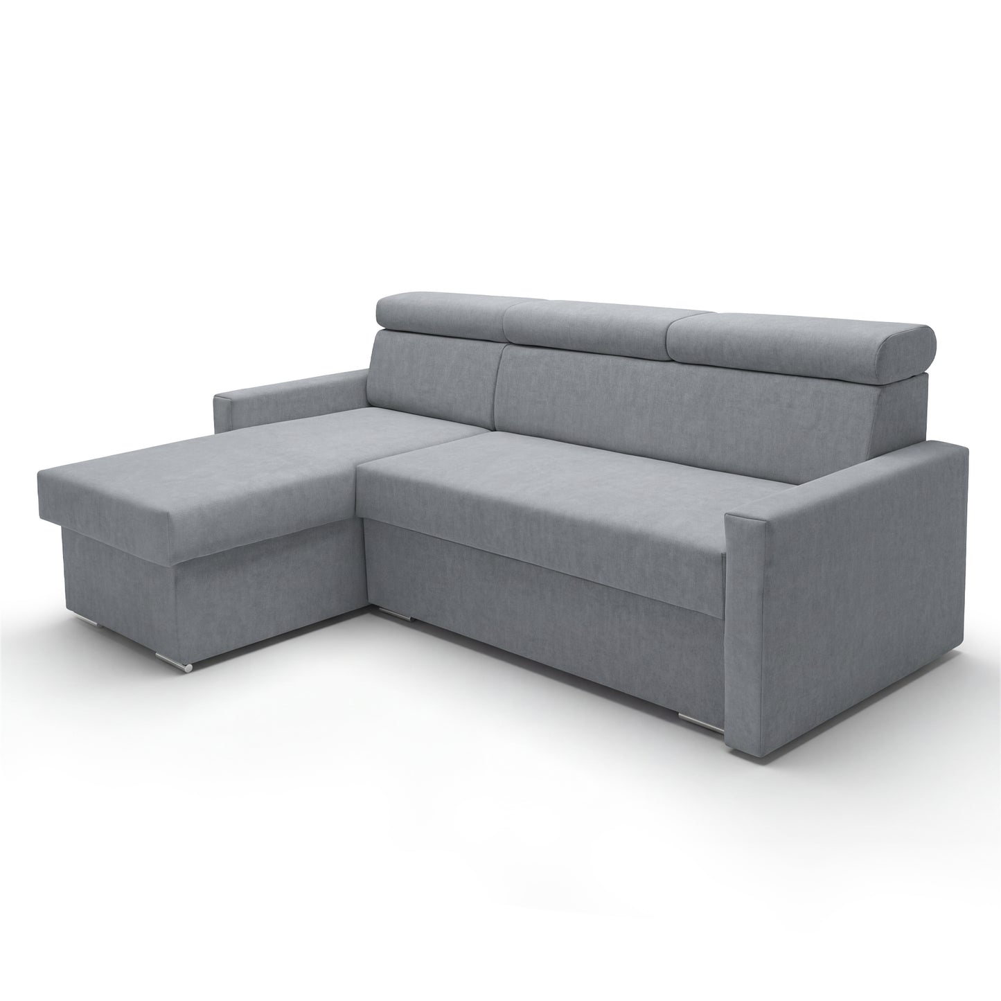 Ecksofa Vega L mit Schlaffunktion & Bettkasten – Samtstoff Best Grau – Zero-Wall Design Wandbündig – L-Form Sofa Freistehend