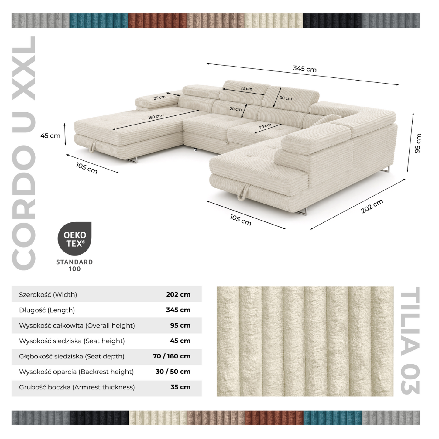 Wohnlandschaft Cordo U XXL U-Form Sofa mit Schlaffunktion & 2 Bettkästen – Breitcord Tilia Creme – Ottomane Rechts