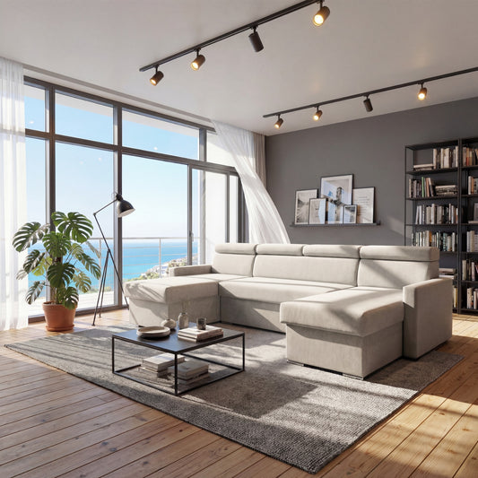 Vega U Wohnlandschaft mit Schlaffunktion und 2 Bettkästen Ecksofa in U-Form Verstellbare Kopfstützen Samt-Stoff Best 305x151 cm (Hellbeige)