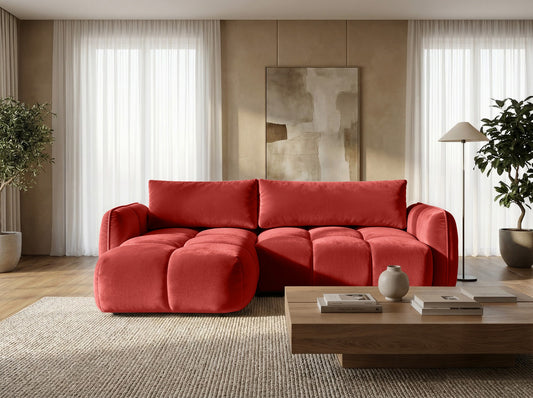 Ecksofa BELVEO mit Schlaffunktion und Bettkasten L-Form Ausrichtung Links Stoff Bluvel 59 Rot