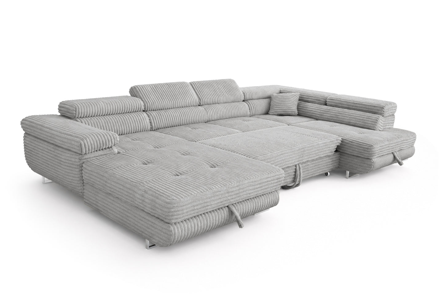 Wohnlandschaft Cordo U XXL U-Form Sofa mit Schlaffunktion & 2 Bettkästen – Breitcord Tilia Hellgrau – Ottomane Rechts