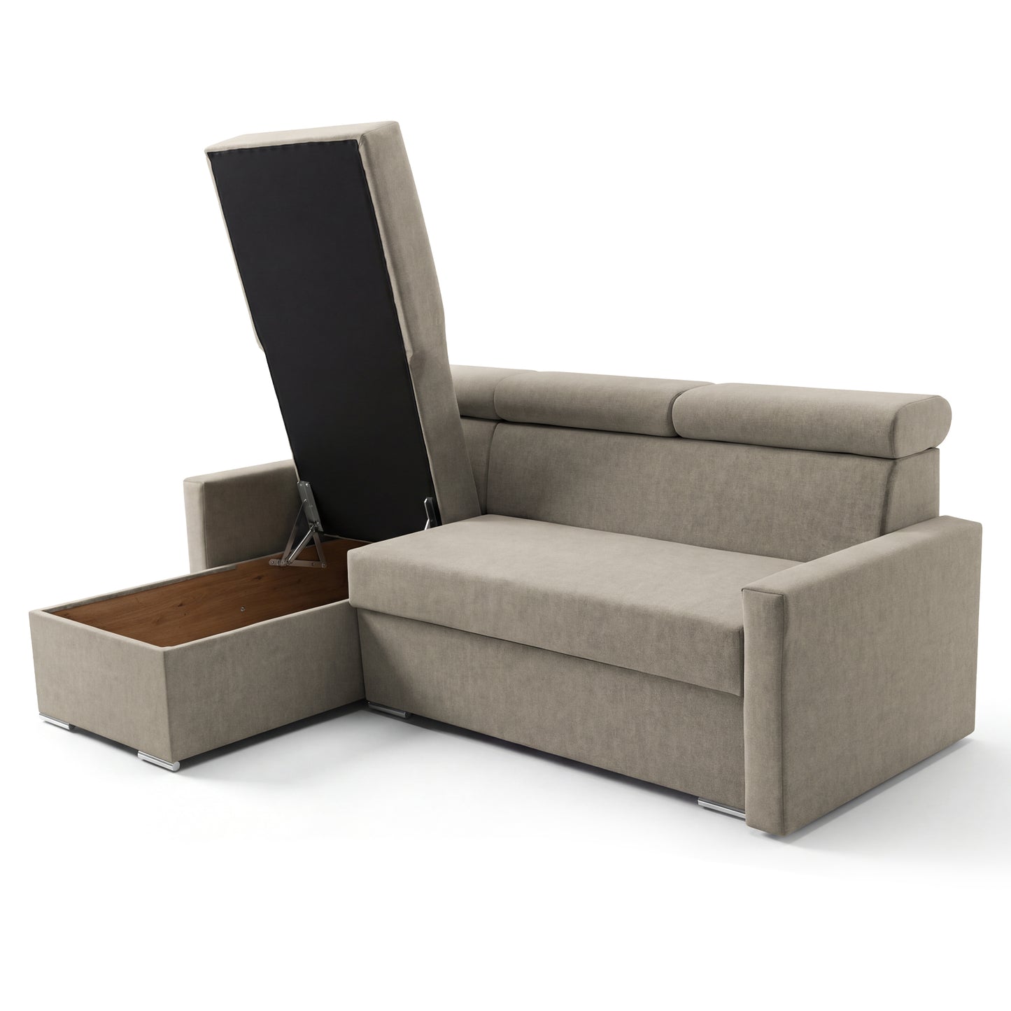 Ecksofa Vega L mit Schlaffunktion & Bettkasten – Samtstoff Best Beige– Zero-Wall Design Wandbündig – L-Form Sofa Freistehend