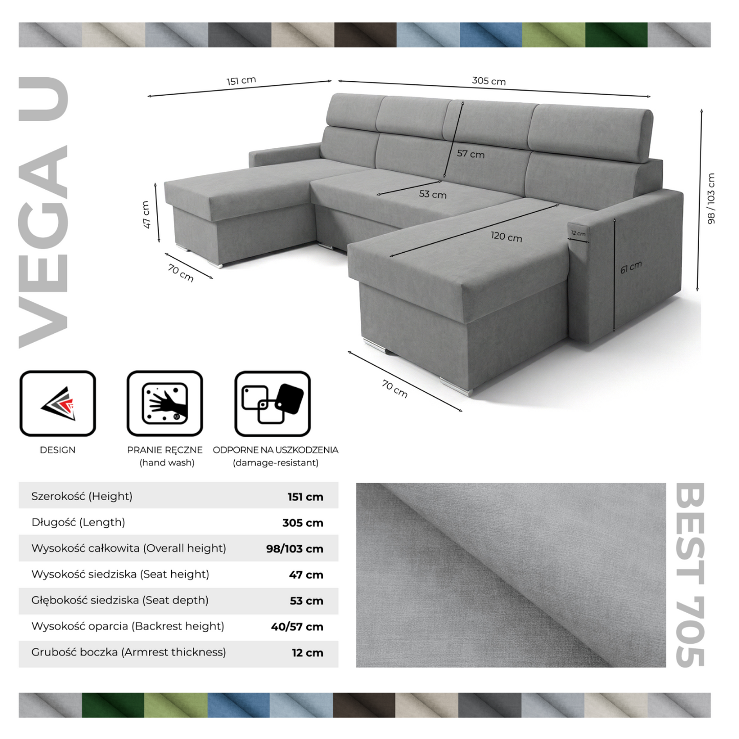 Vega U Ecksofa nach Maß | Breite anpassbar | Schlaffunktion 2 Bettkasten U-Form verstellbare Kopfstützen Samt-Stoff Best 305x151 cm (Stahlfarbe)