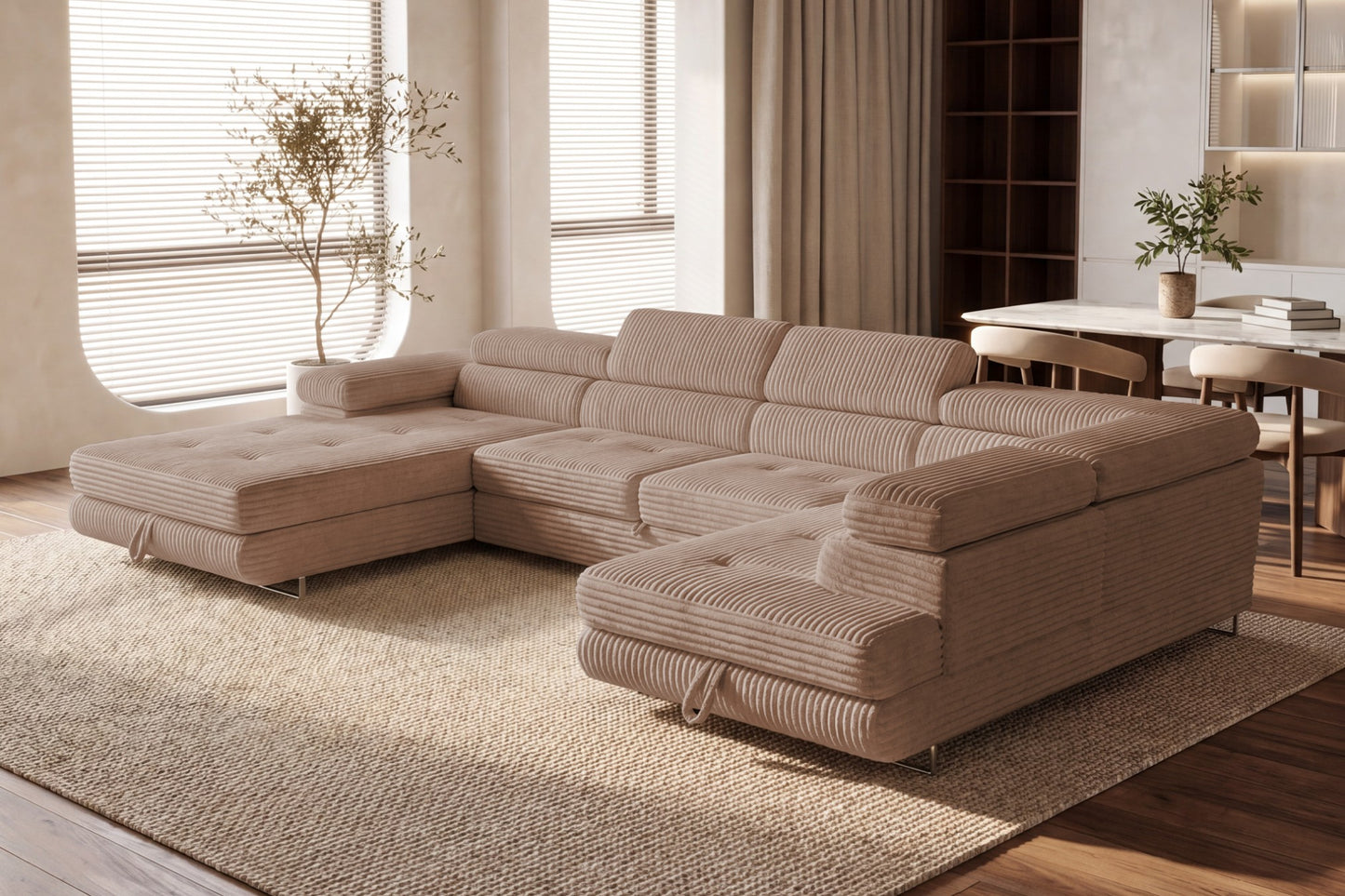 Wohnlandschaft Cordo U XXL U-Form Sofa mit Schlaffunktion & 2 Bettkästen – Breitcord Tilia Beige– Ottomane Rechts