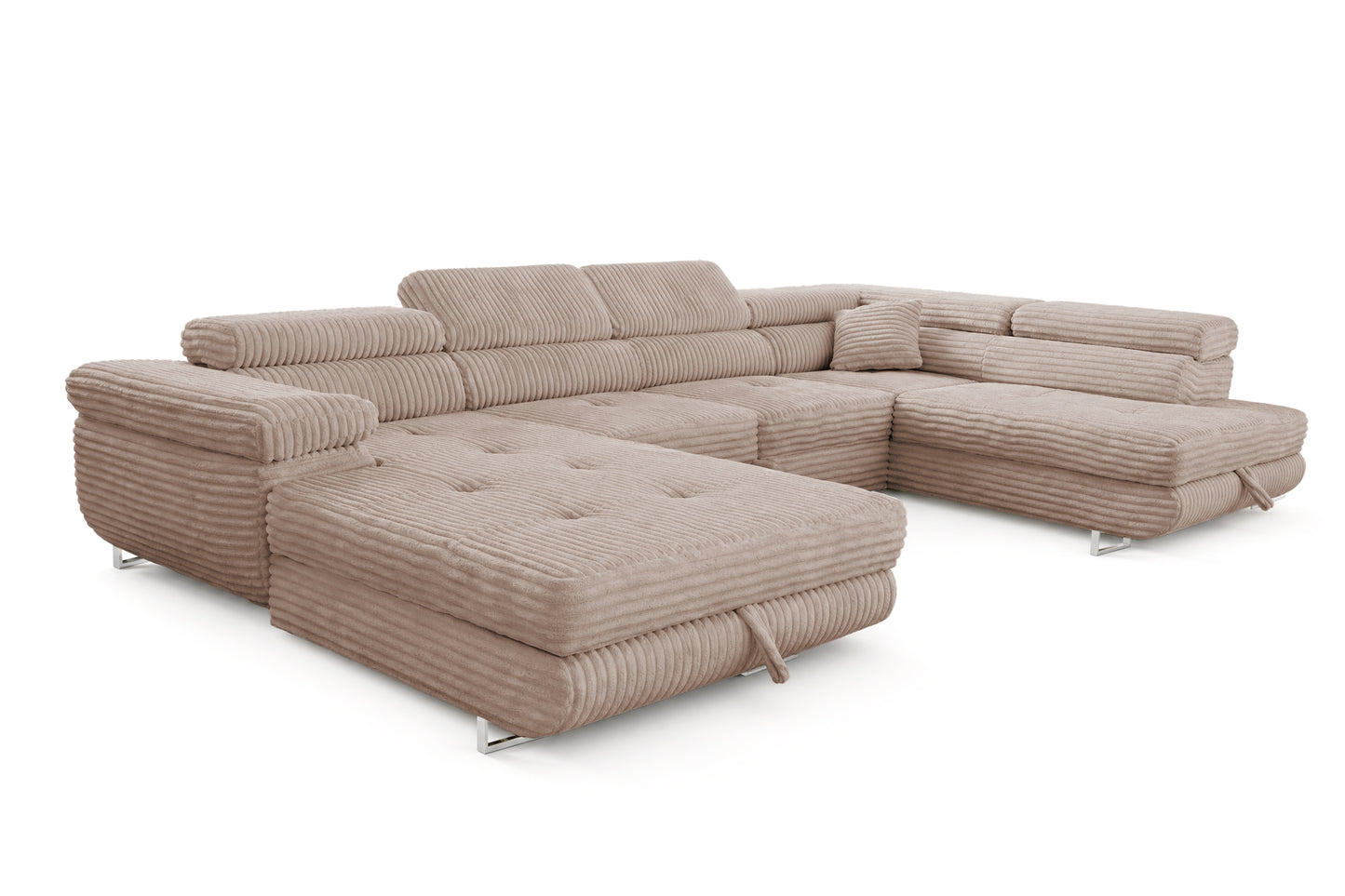 Wohnlandschaft Cordo U XXL U-Form Sofa mit Schlaffunktion & 2 Bettkästen – Breitcord Tilia Beige– Ottomane Rechts