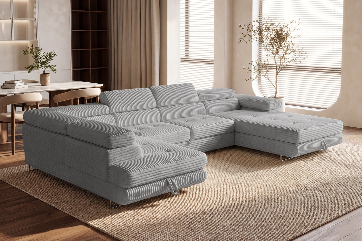 Wohnlandschaft Cordo U XXL U-Form Sofa mit Schlaffunktion & 2 Bettkästen – Breitcord Tilia Hellgrau – Ottomane Links