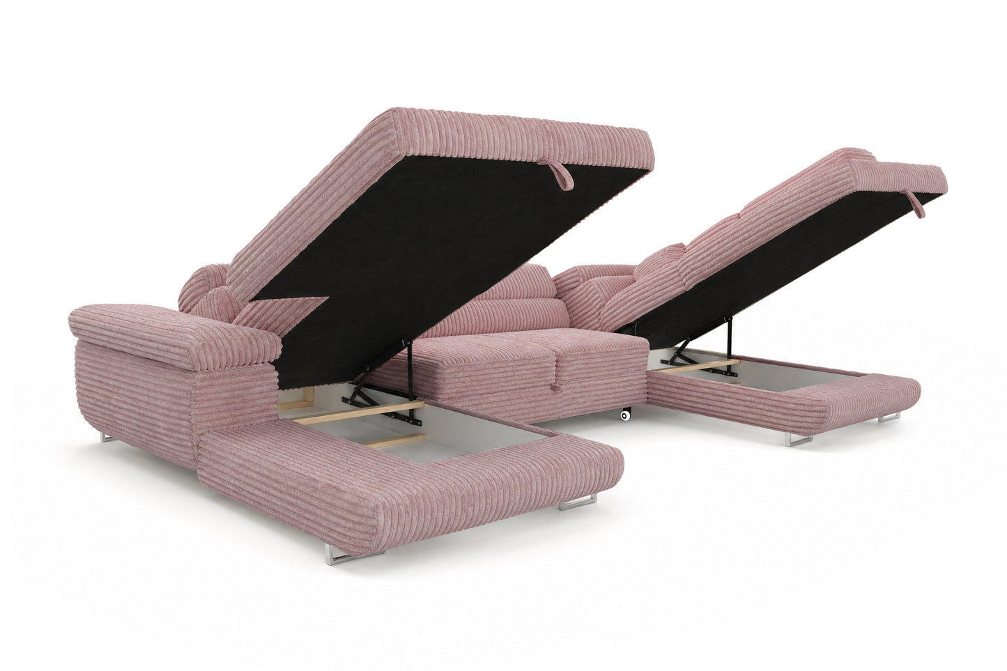 Wohnlandschaft Cordo U XXL U-Form Sofa mit Schlaffunktion & 2 Bettkästen – Breitcord Tilia Altrosa– Ottomane Rechts