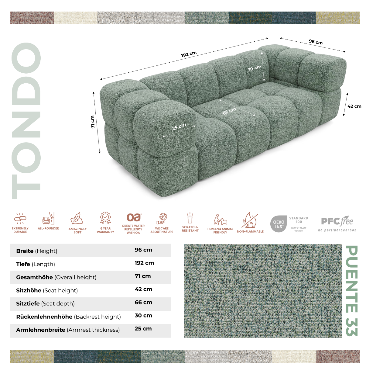 3-Sitzer-Designsofa TONDO PUENTE 33 – Strukturstoff in Bouclé-Optik – gewelltes Design – Mint