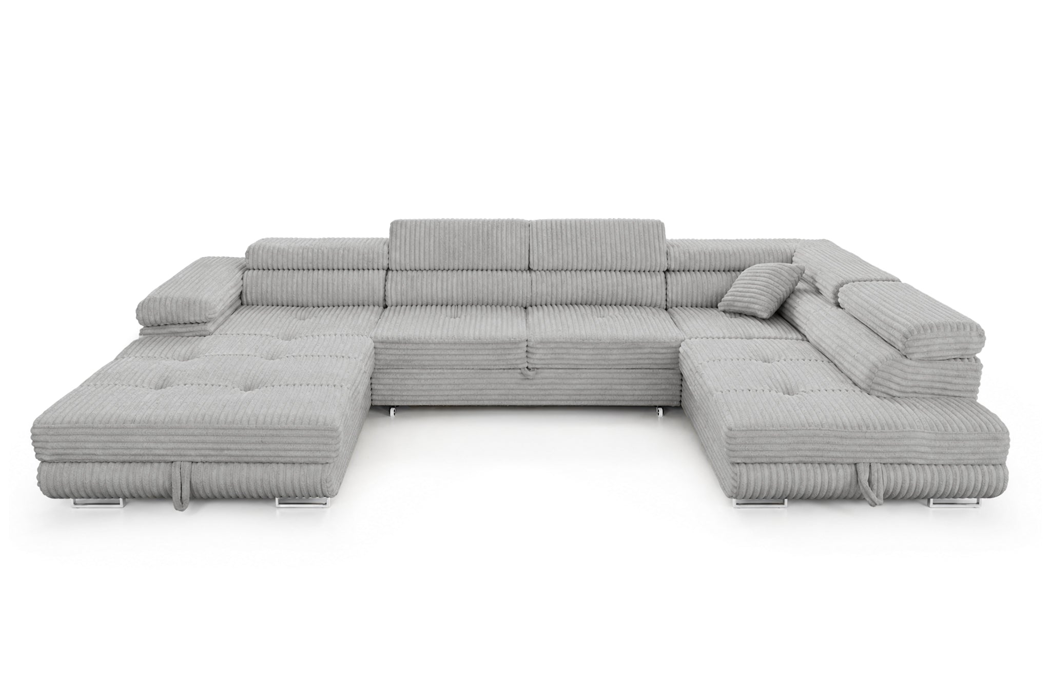 Wohnlandschaft Cordo U XXL U-Form Sofa mit Schlaffunktion & 2 Bettkästen – Breitcord Tilia Hellgrau – Ottomane Rechts