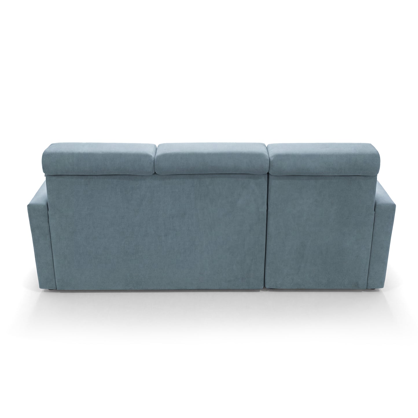 Ecksofa Vega L mit Schlaffunktion & Bettkasten – Samtstoff Best Himmelblau – Zero-Wall Design Wandbündig – L-Form Sofa Freistehend Himmelblau
