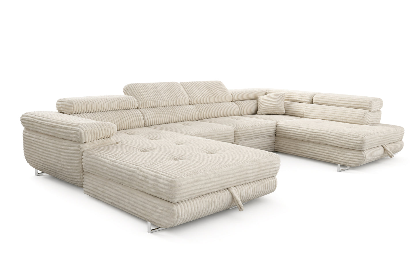 Wohnlandschaft Cordo U XXL U-Form Sofa mit Schlaffunktion & 2 Bettkästen – Breitcord Tilia Creme – Ottomane Rechts