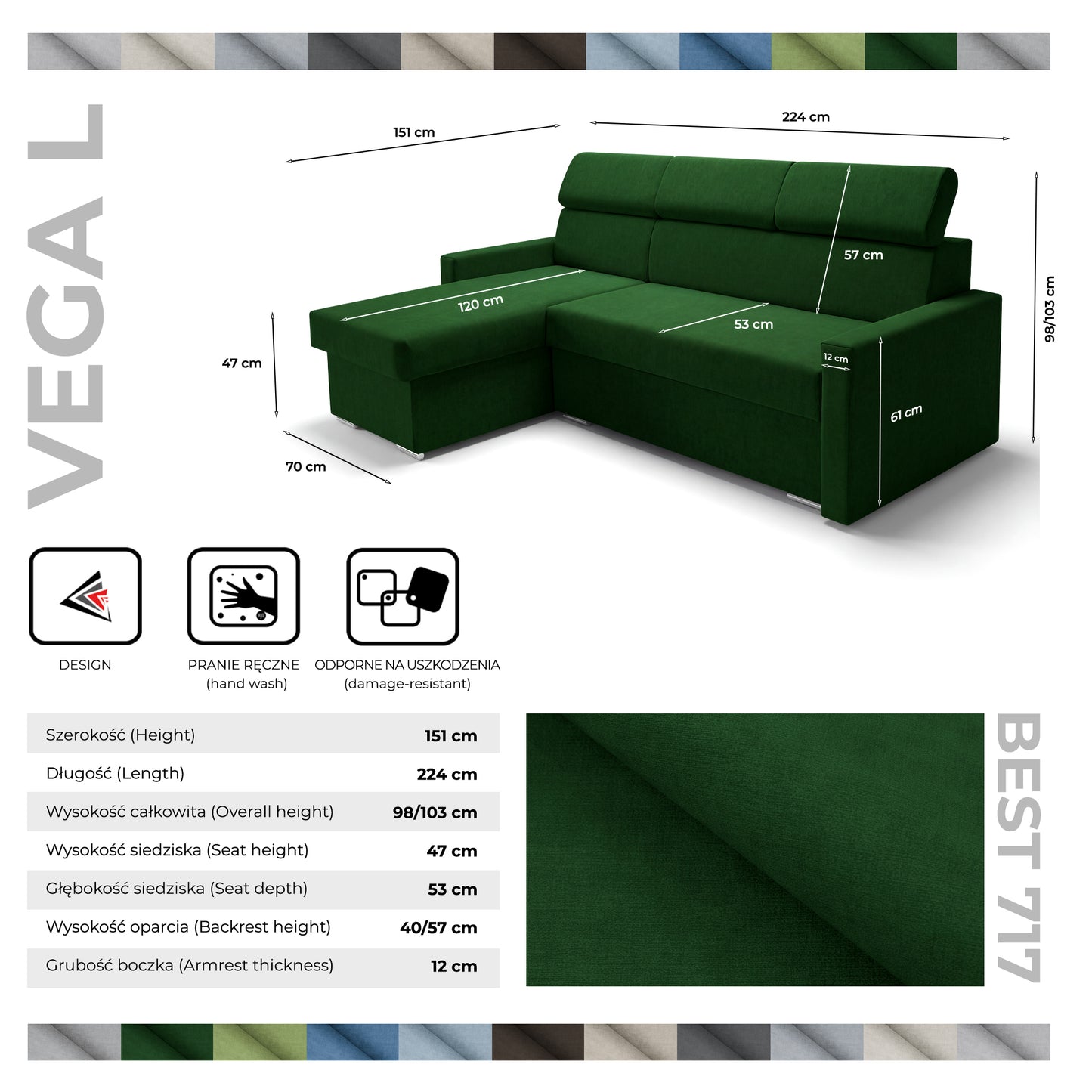 Ecksofa Vega L mit Schlaffunktion & Bettkasten – Samtstoff Best Flaschengrün – Zero-Wall Design Wandbündig – L-Form Sofa Freistehend Flaschengrün