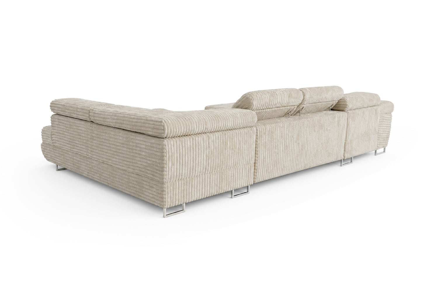 Wohnlandschaft Cordo U XXL U-Form Sofa mit Schlaffunktion & 2 Bettkästen – Breitcord Tilia Creme – Ottomane Rechts