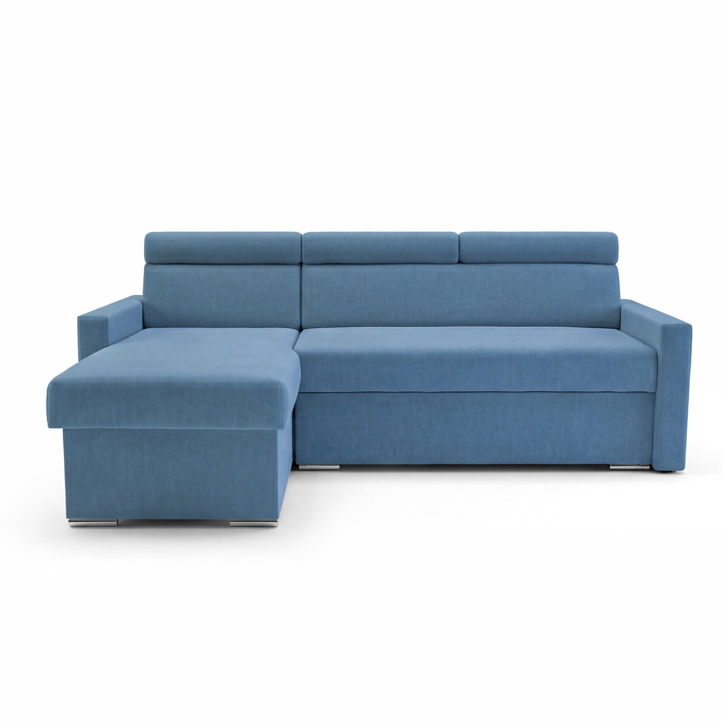 Ecksofa Vega L mit Schlaffunktion & Bettkasten – Samtstoff Best Blau – Zero-Wall Design Wandbündig – L-Form Sofa Freistehend