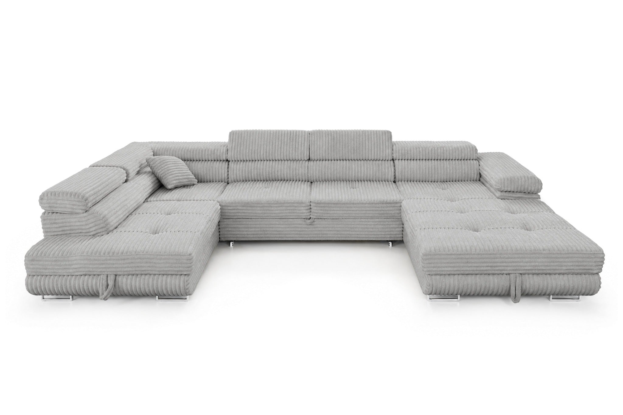 Wohnlandschaft Cordo U XXL U-Form Sofa mit Schlaffunktion & 2 Bettkästen – Breitcord Tilia Hellgrau– Ottomane Links