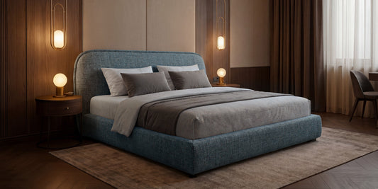 Tapicerowane łóżko NORDICA 200x200 cm Tracy 07 Niebieski Wielokolorowy – Nowoczesne designerskie łóżko z zaokrąglonym zagłówkiem i stelażem listwowym