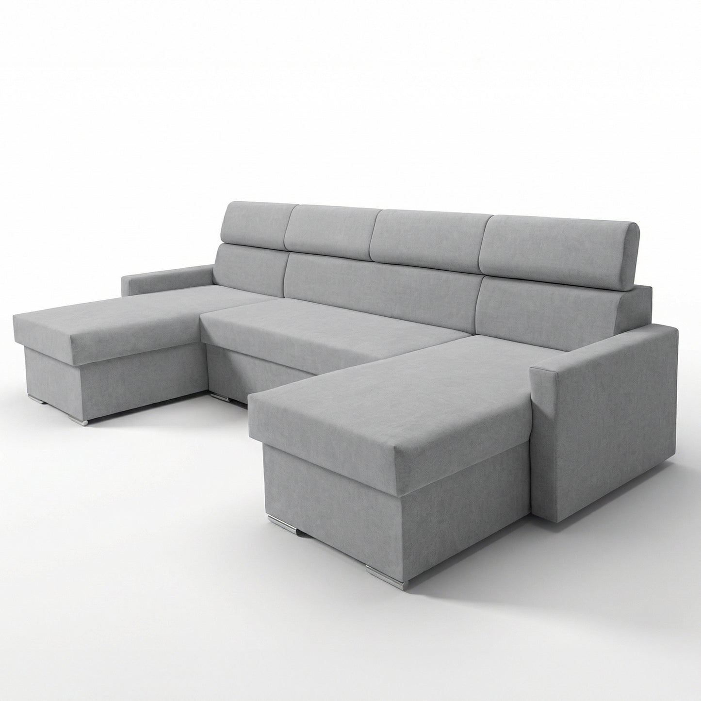 Vega U Wohnlandschaft mit Schlaffunktion und 2 Bettkasten Ecksofa in U-Form Verstellbare Kopfstützen Samt-Stoff Best 305x151 cm (Hellgrau)