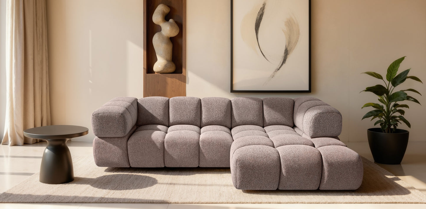 Ecksofa AVERRO 280x150 cm Puente 68 Altrosa Ottomane RECHTS – Modernes Bubble-Sofa mit weichem Chenille-Strukturstoff
