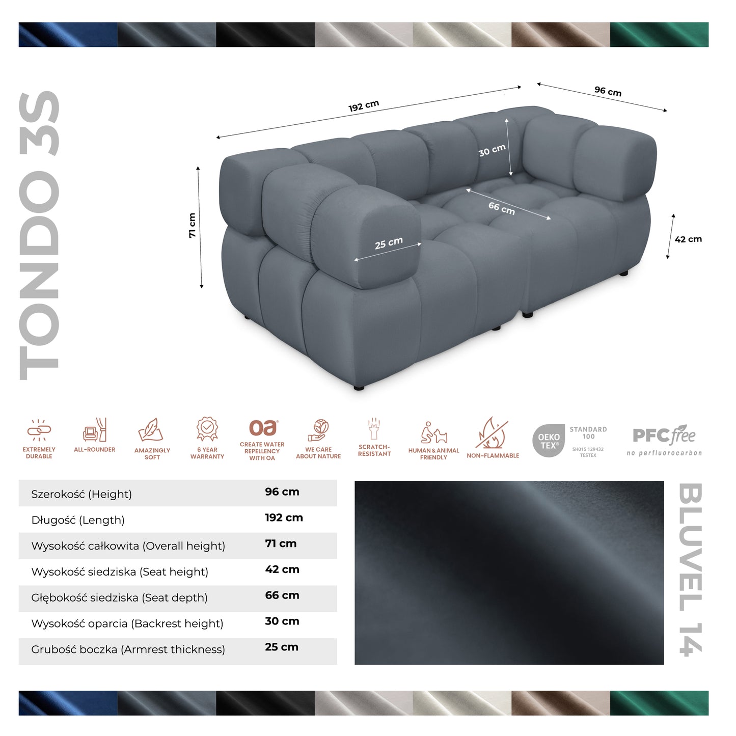 Sofa Tondo 3-Sitzer-Bluvel 14 grau