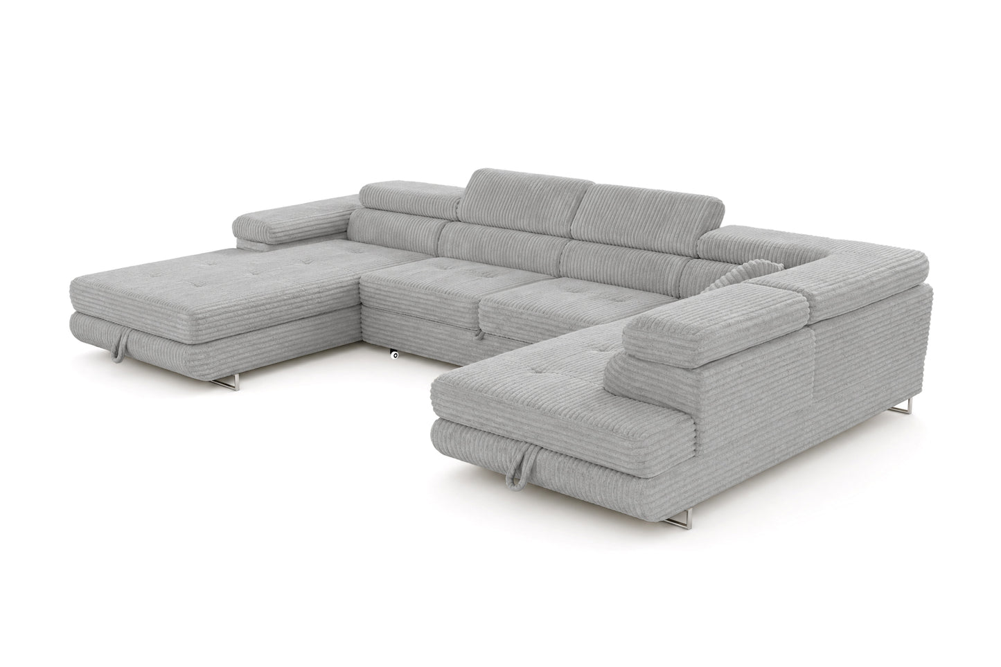 Wohnlandschaft Cordo U XXL U-Form Sofa mit Schlaffunktion & 2 Bettkästen – Breitcord Tilia Hellgrau – Ottomane Rechts