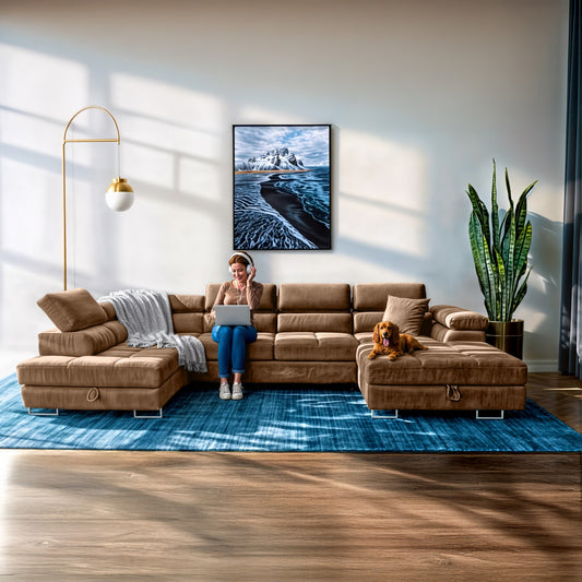 Wohnlandschaft Aller XXL U-Form links Schlaffunktion 2 Bettkästen Beige
