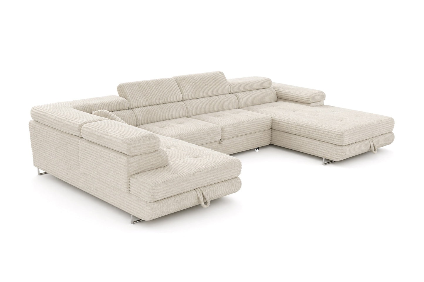 Wohnlandschaft Cordo U XXL U-förmiges Sofa mit Schlaffunktion & 2 Bettkästen – Breitcord Tilia Creme – Ottomane links