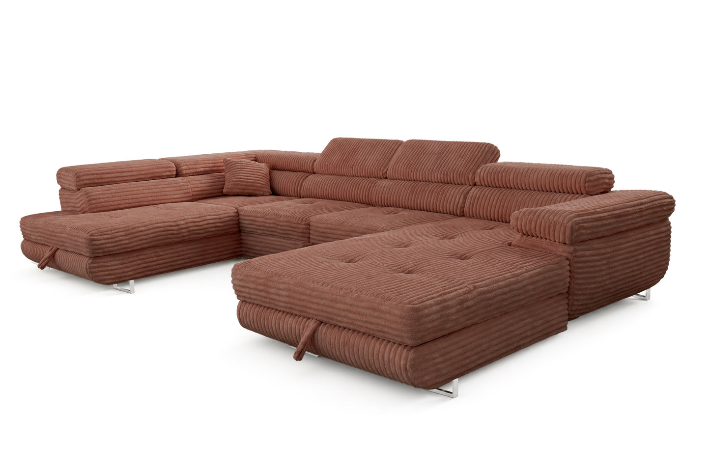 Wohnlandschaft Cordo U XXL U-förmiges Sofa mit Schlaffunktion & 2 Bettkästen – Breitcord Tilia Terrakotta – Ottomane Links