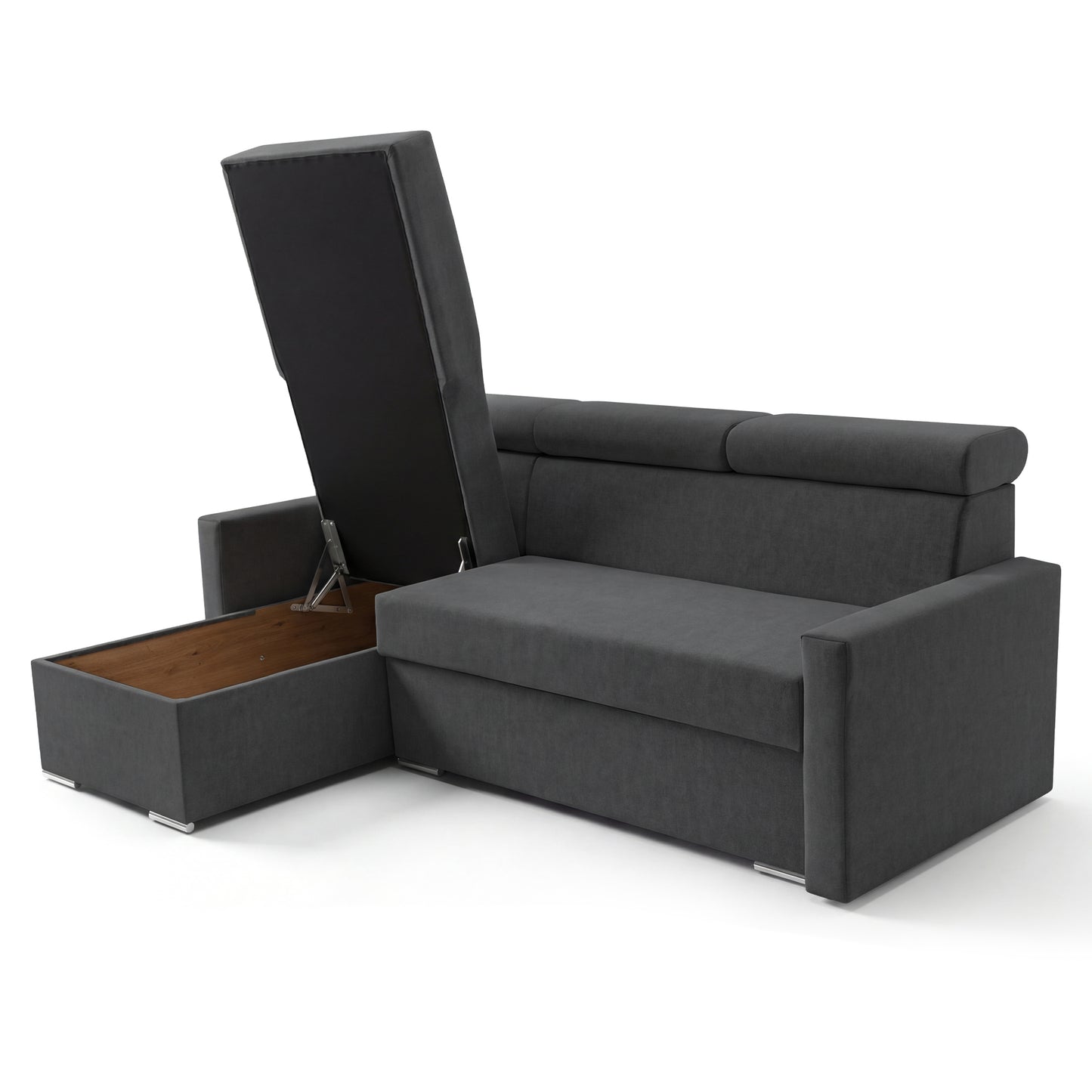 Ecksofa Vega L mit Schlaffunktion & Bettkasten – Samtstoff Best Graphit – Zero-Wall Design Wandbündig – L-Form Sofa Freistehend Graphit