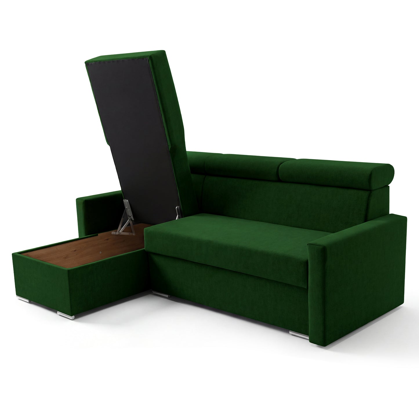 Ecksofa Vega L mit Schlaffunktion & Bettkasten – Samtstoff Best Flaschengrün – Zero-Wall Design Wandbündig – L-Form Sofa Freistehend Flaschengrün