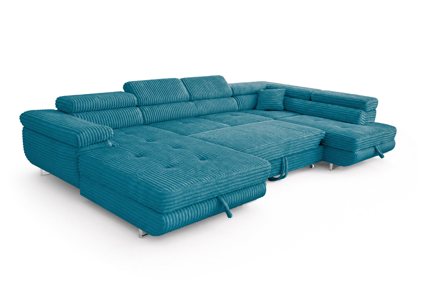 Wohnlandschaft Cordo U XXL U-Form Sofa mit Schlaffunktion & 2 Bettkästen – Breitcord Tilia Türkis – Ottomane Rechts