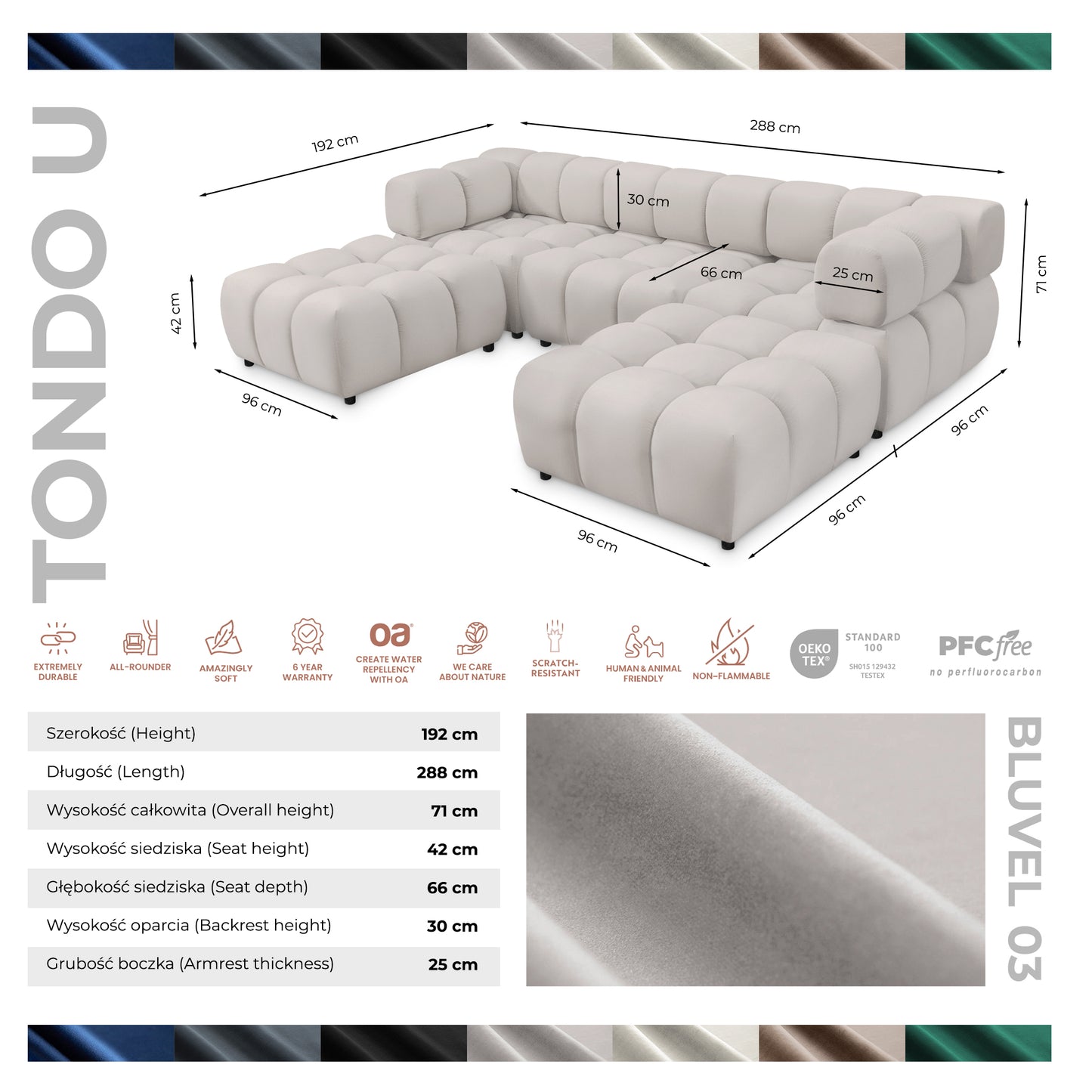 Exklusive Wohnlandschaft Tondo U 192x288 cm – Designer-Sofa Samt Bluvel 03 Hellgrau – Modernes Bubble-Design & HR-Schaum Komfort