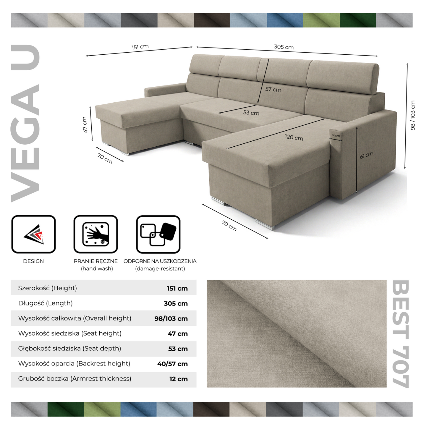 Vega U Wohnlandschaft mit Schlaffunktion und 2 Bettkästen Ecksofa in U-Form Verstellbare Kopfstützen Samtstoff Best 305x151 cm (Beige)