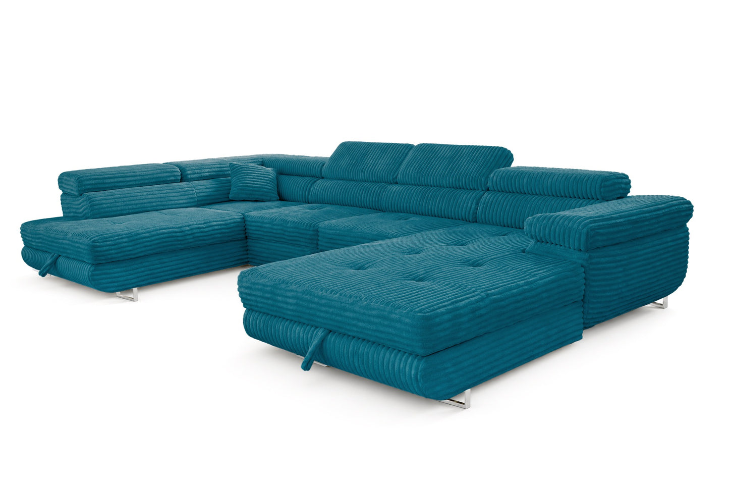 Wohnlandschaft Cordo U XXL U-förmiges Sofa mit Schlaffunktion & 2 Bettkästen – Breitcord Tilia Türkis – Ottomane Links