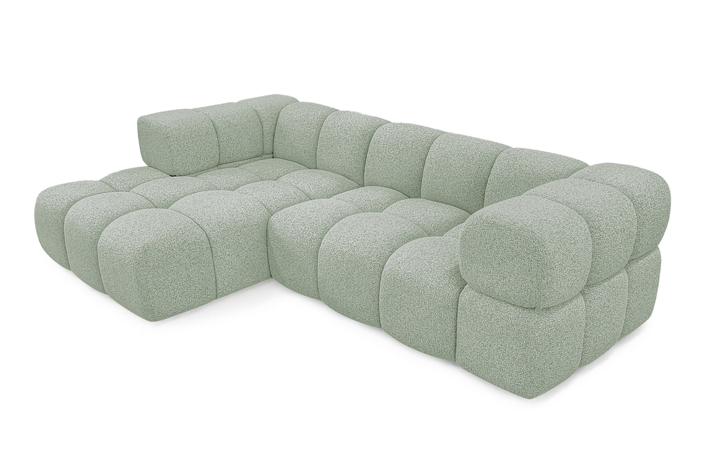 Ecksofa AVERRO 280x150 cm Puente 33 Salbeigrün Ottomane Links – Modernes Bubble-Sofa mit weichem Chenille-Strukturstoff
