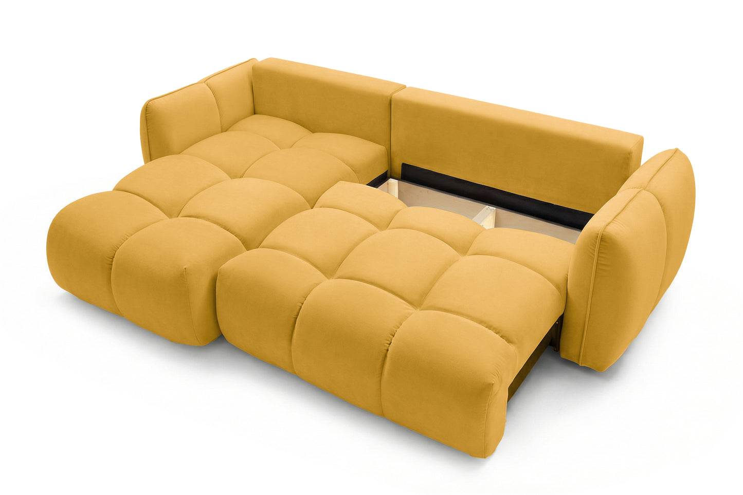 Ecksofa BELVEO mit Schlaffunktion und Bettkasten L-Form Ausrichtung Links Stoff Bluvel 68 Gelb