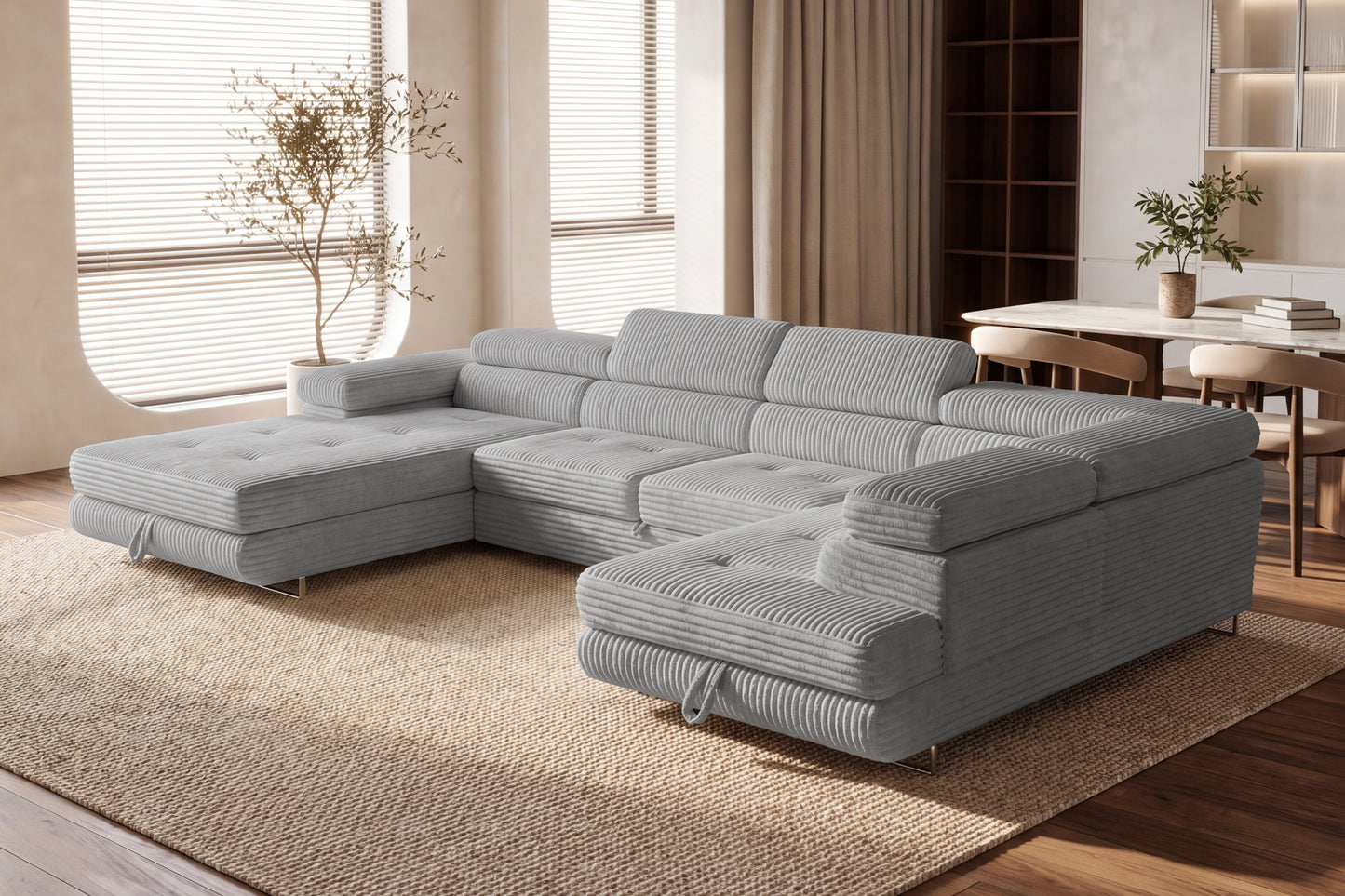 Wohnlandschaft Cordo U XXL U-Form Sofa mit Schlaffunktion & 2 Bettkästen – Breitcord Tilia Hellgrau – Ottomane Rechts