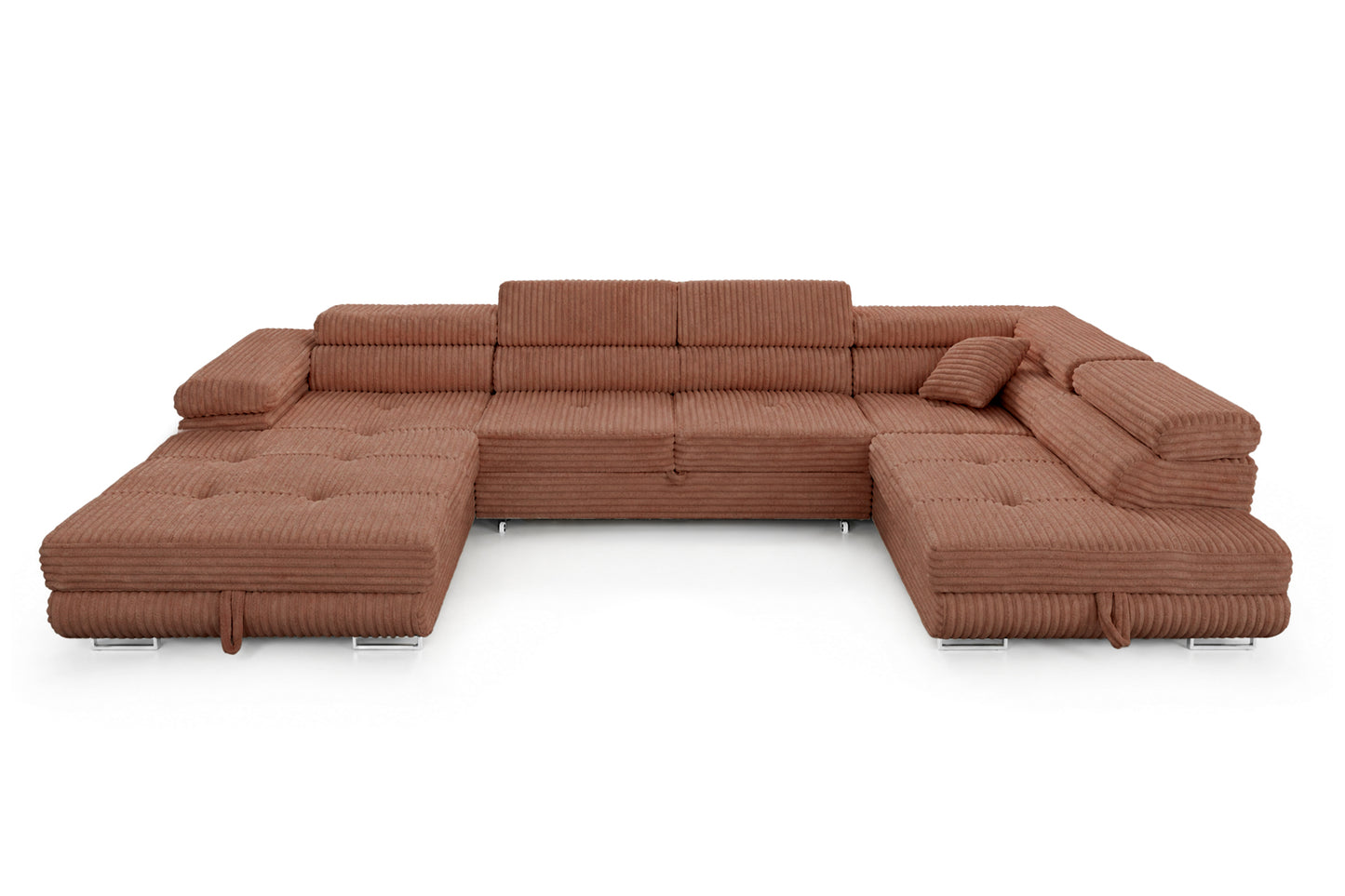 Wohnlandschaft Cordo U XXL U-Form Sofa mit Schlaffunktion & 2 Bettkästen – Breitcord Tilia Terrakotta – Ottomane rechts