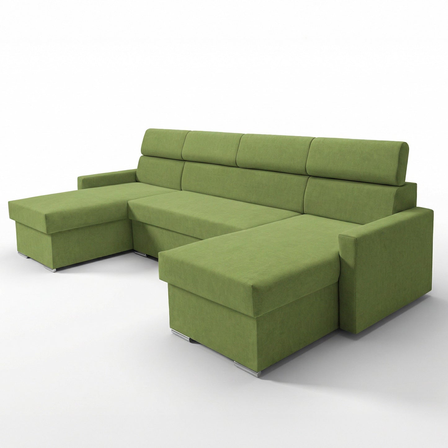 Vega U Ecksofa nach Maß | Breite anpassbar | Schlaffunktion 2 Bettkästen U-Form verstellbare Kopfstützen Samtstoff Best 305x151 cm (Grün)