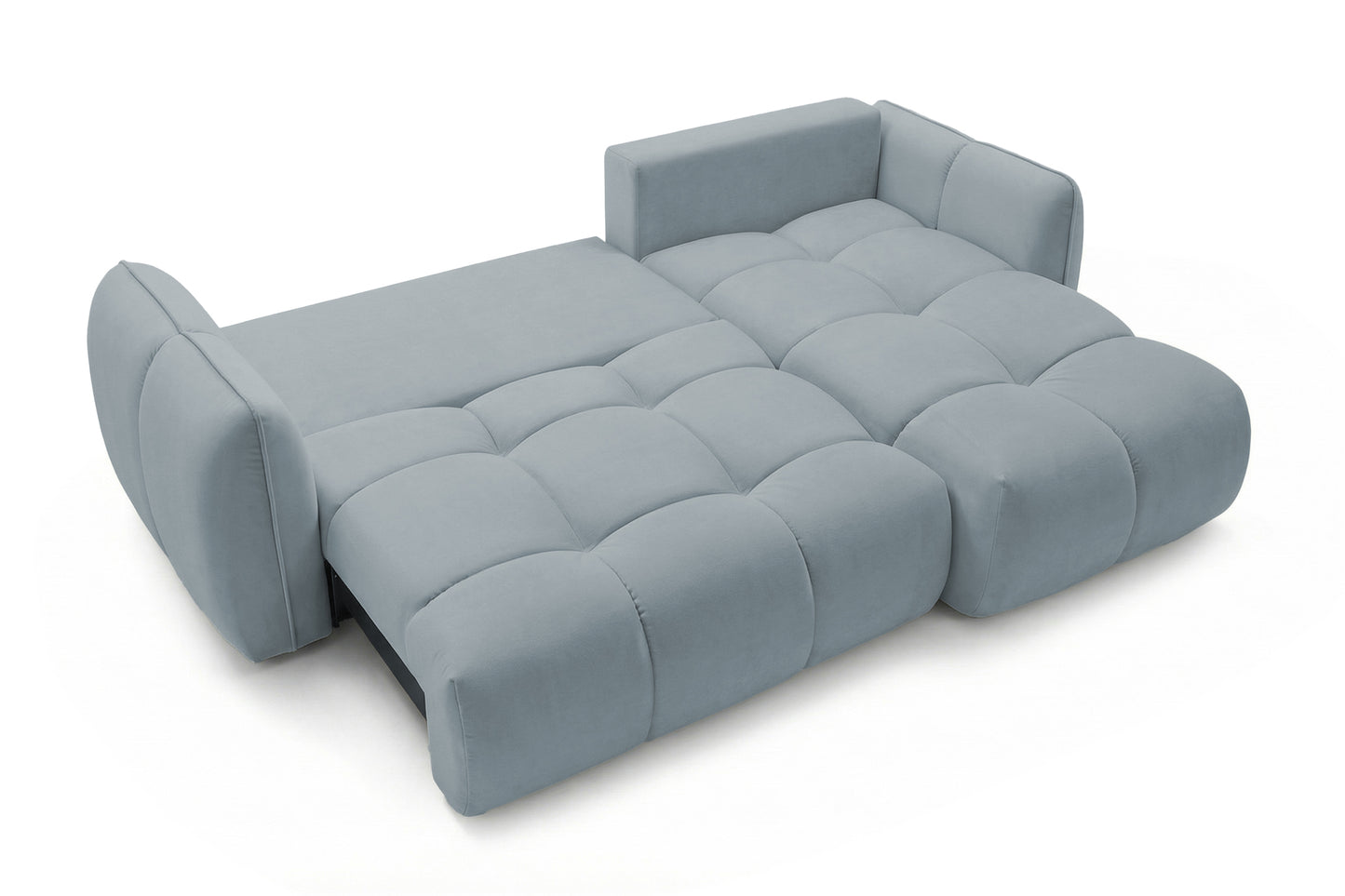 Ecksofa BELVEO mit Schlaffunktion und Bettkasten L-Form Ausrichtung Rechts Stoff Bluvel 06 Graublau