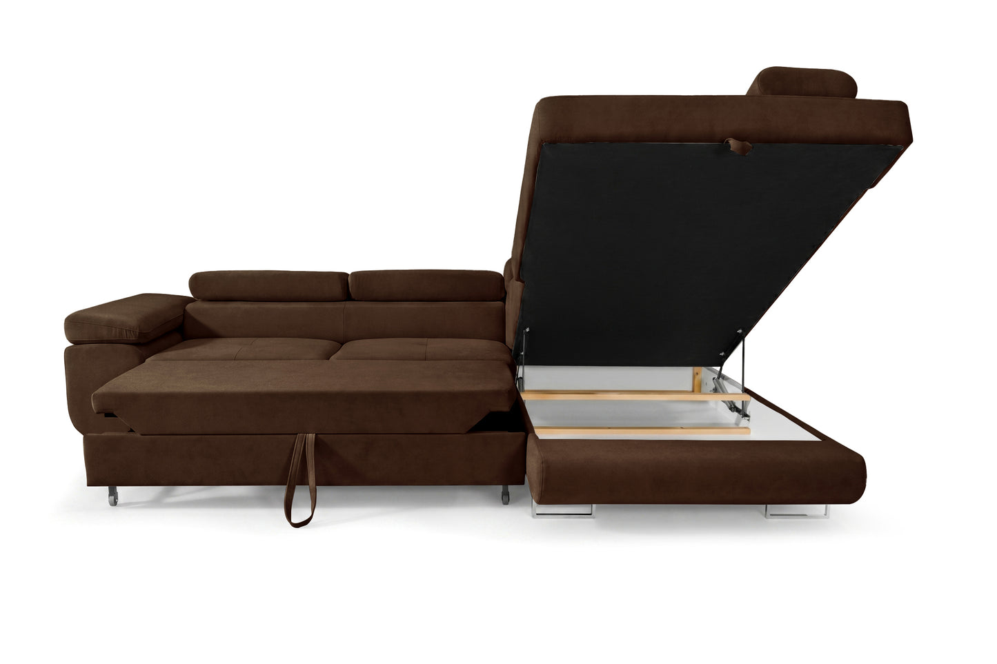 Ecksofa Luca L-Form Dunkelbraun Stoff Element 25 Rechte Ottomane mit Schlaffunktion & Bettkasten