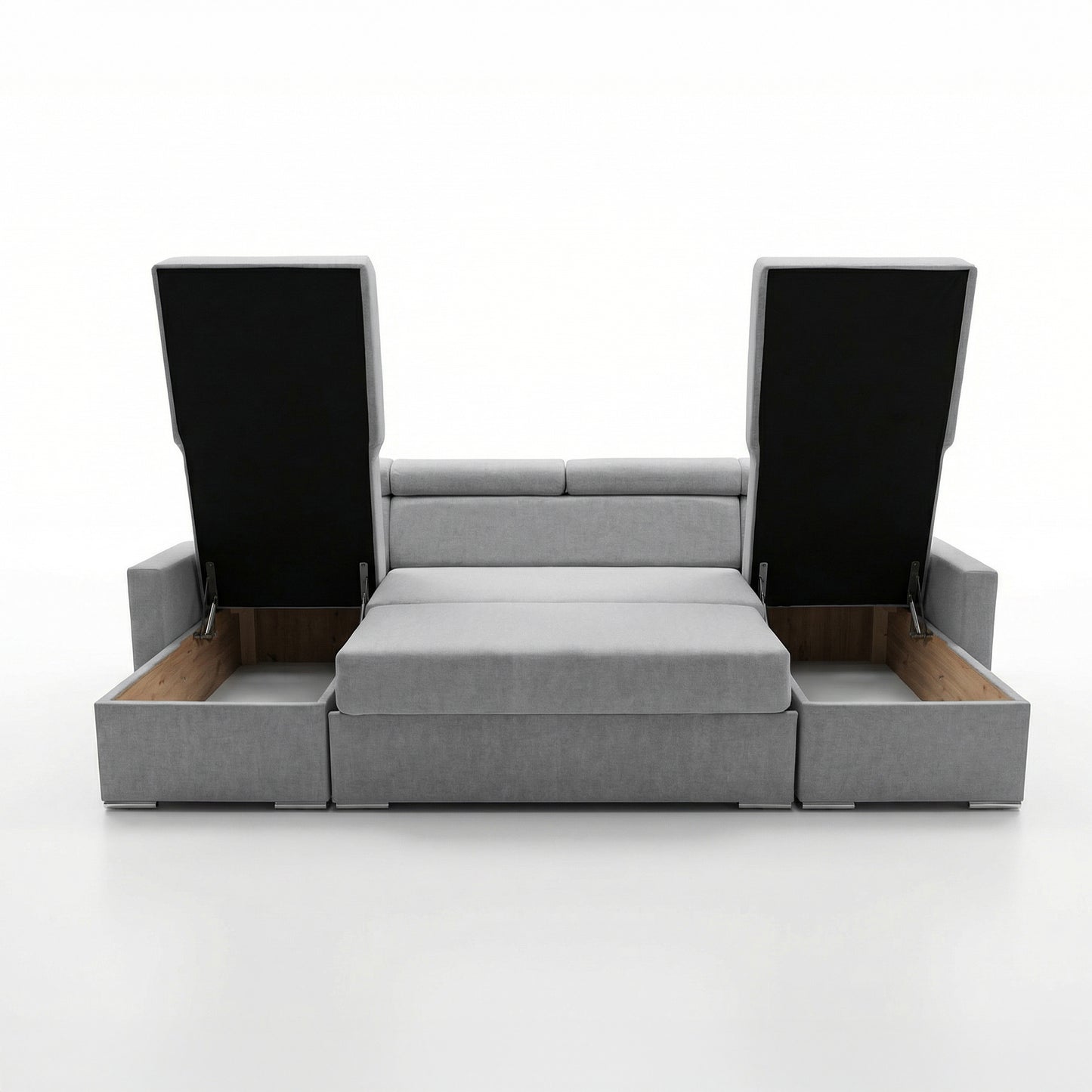 Vega U Wohnlandschaft mit Schlaffunktion und 2 Bettkasten Ecksofa in U-Form Verstellbare Kopfstützen Samt-Stoff Best 305x151 cm (Hellgrau)