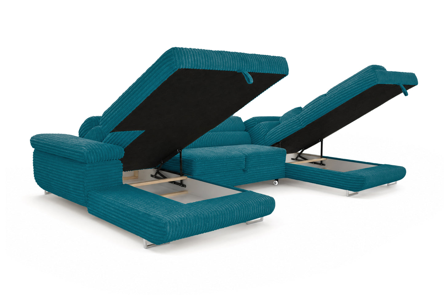 Wohnlandschaft Cordo U XXL U-Form Sofa mit Schlaffunktion & 2 Bettkästen – Breitcord Tilia Türkis – Ottomane Rechts