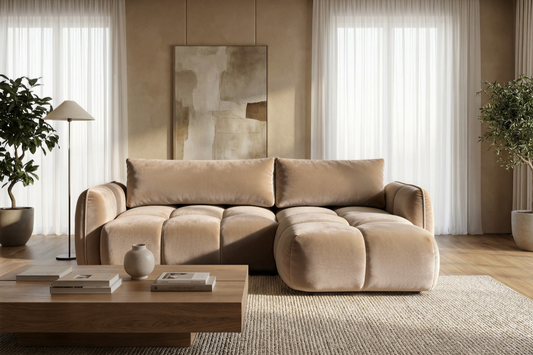 Ecksofa BELVEO mit Schlaffunktion und Bettkasten L-Form Ausrichtung Rechts Stoff Bluvel 28 Dunkelbeige