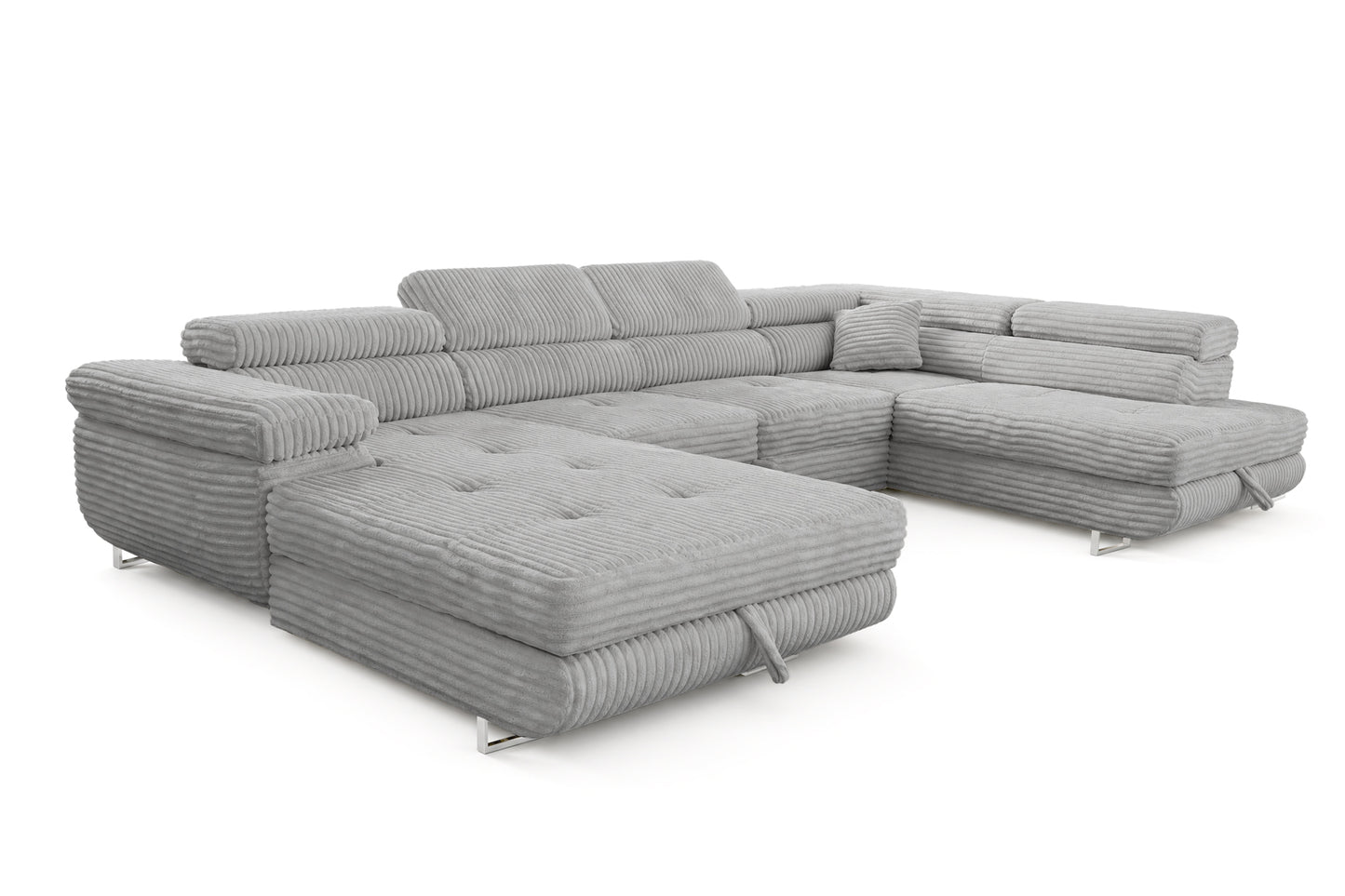 Wohnlandschaft Cordo U XXL U-Form Sofa mit Schlaffunktion & 2 Bettkästen – Breitcord Tilia Hellgrau – Ottomane Rechts