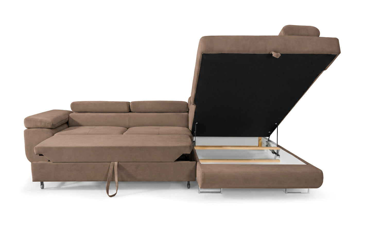 Ecksofa Luca L-Form Braun Stoff Element 05 Ottomane rechts mit Schlaffunktion & Bettkasten