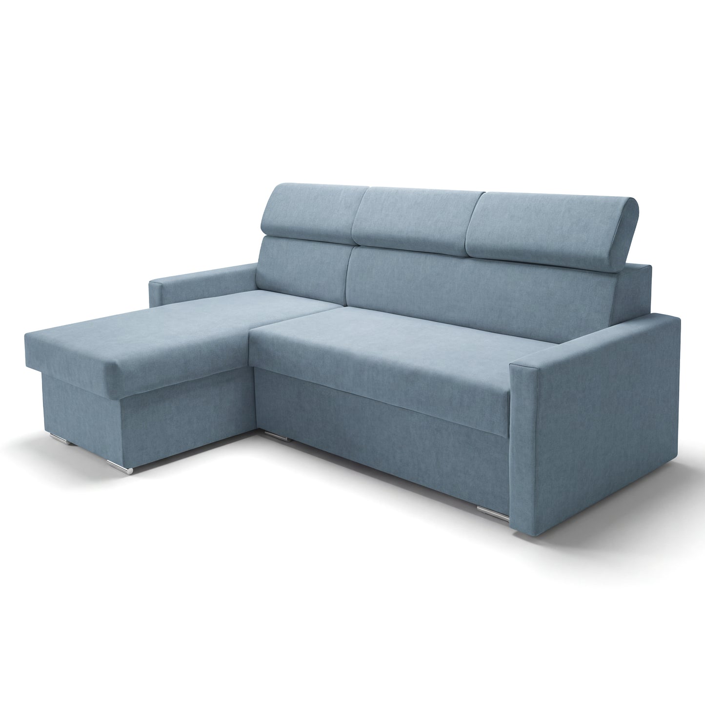 Ecksofa Vega L mit Schlaffunktion & Bettkasten – Samtstoff Best Himmelblau – Zero-Wall Design Wandbündig – L-Form Sofa Freistehend Himmelblau